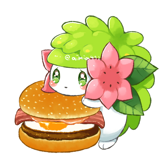 aimi (aimia492), shaymin, shaymin (land), nintendo, pokemon, commentary request, bacon, burger, egg (food), food, gen 4 pokemon, green eyes, legendary pokemon, meat, mythical pokemon, no humans, pokemon (creature), pokemon focus, simple background, solo, twitter username, white background