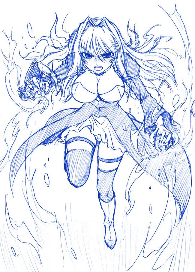 misnon the great, tsukiumi, sekirei, 00s, 1girl, blue theme, female focus, monochrome, solo, thigh strap, thighhighs