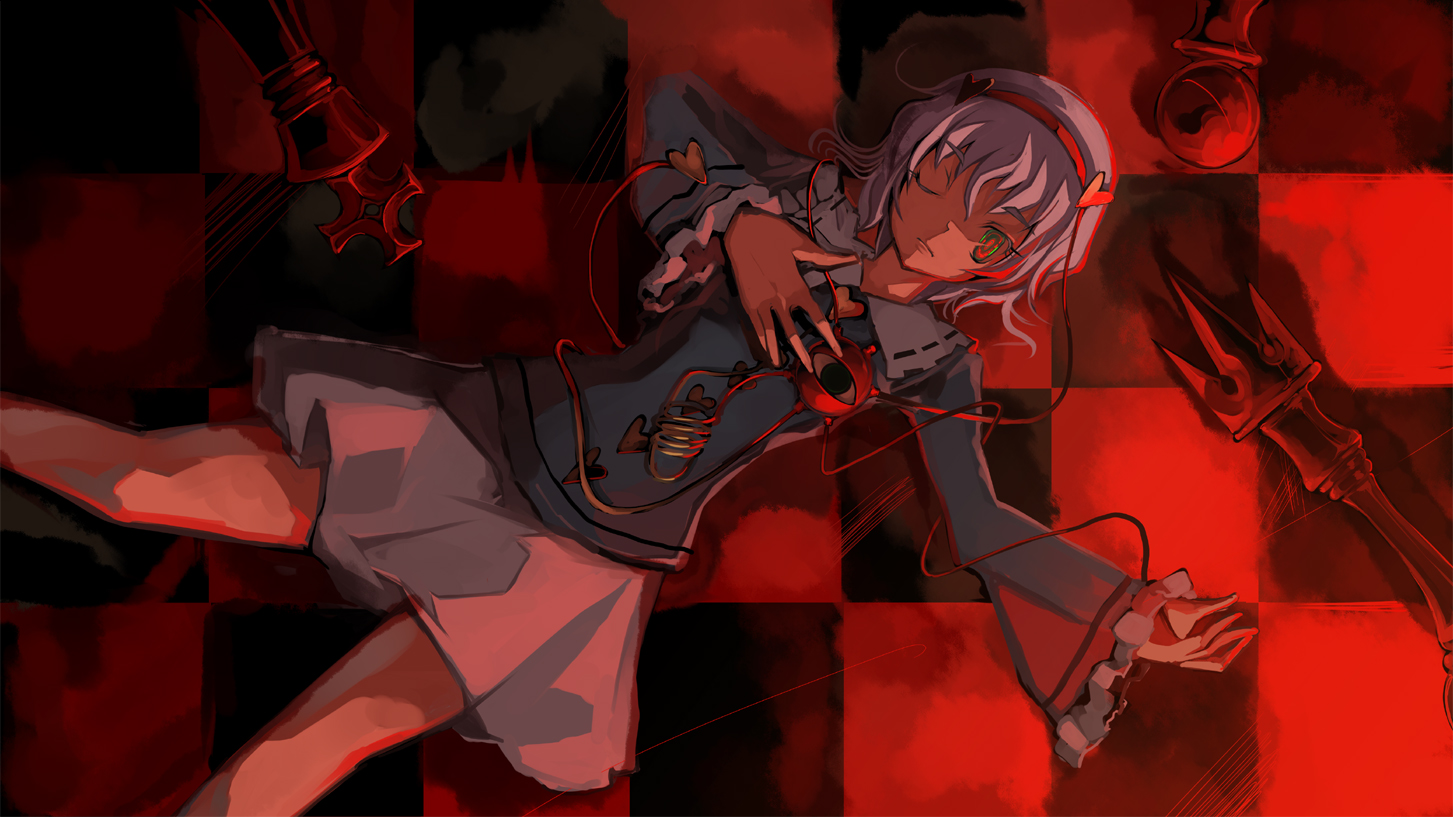 shimadoriru, komeiji satori, touhou, 1girl, blunt bangs, checkered floor, closed eyes, female focus, from above, hairband, hand on own chest, long sleeves, lying, on back, pink hair, short hair, solo, string, third eye