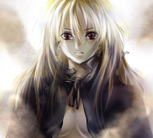 fate testarossa, lyrical nanoha, mahou shoujo lyrical nanoha, 00s, 1girl, blonde hair, breasts, cleavage, female focus, long hair, no bra, open clothes, open shirt, red eyes, shirt, solo
