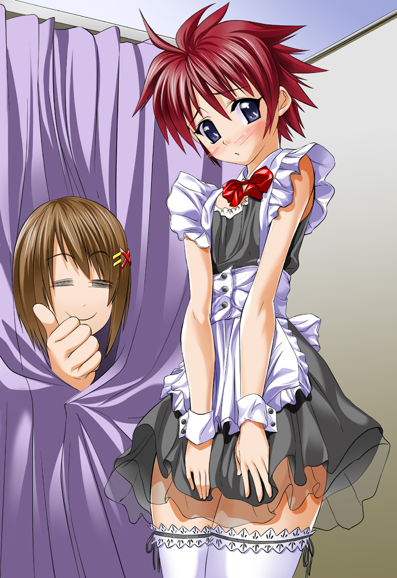kadou, erio mondial, yagami hayate, lyrical nanoha, mahou shoujo lyrical nanoha, 00s, 1boy, 1girl, apron, blush, brown hair, crossdressing, fitting room, hair ornament, maid, maid apron, red hair, smile, thighhighs, trap, white thighhighs, wrist cuffs, x hair ornament, zettai ryouiki