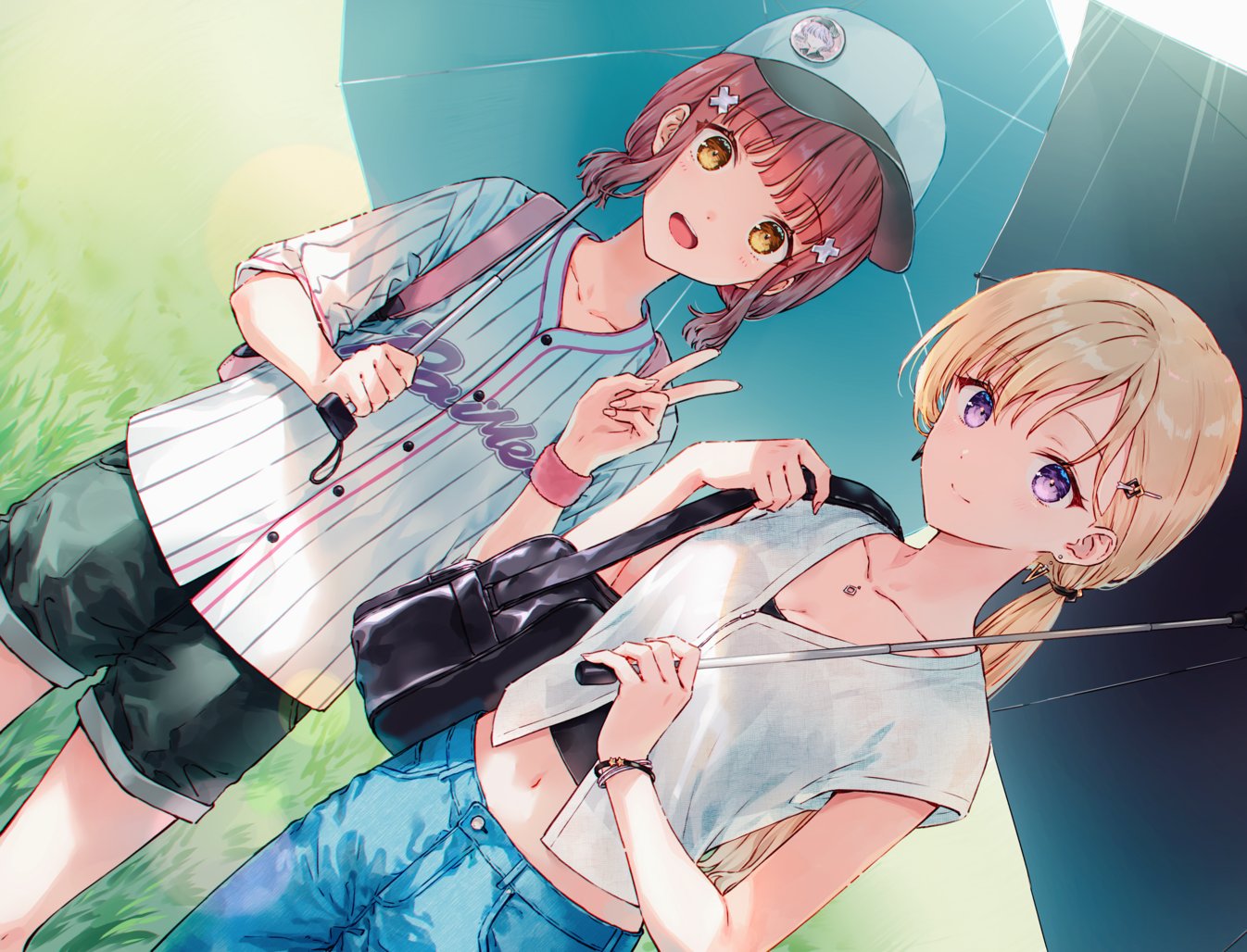 hiten (hitenkei), ayase saki, narasaka maaya, gimai seikatsu, commentary request, official art, second-party source, 2girls, backpack, bag, baseball cap, black bag, black shorts, blonde hair, blue pants, breasts, cleavage, closed mouth, collarbone, denim, dutch angle, earrings, field, grass, hair ornament, hair tie, hairclip, hand up, hat, holding, holding strap, holding umbrella, jeans, jewelry, looking at viewer, midriff, multiple girls, navel, open mouth, pants, pink bag, ponytail, purple eyes, red hair, shirt, short sleeves, shorts, shoulder bag, smile, umbrella, v, white shirt, x hair ornament, yellow eyes