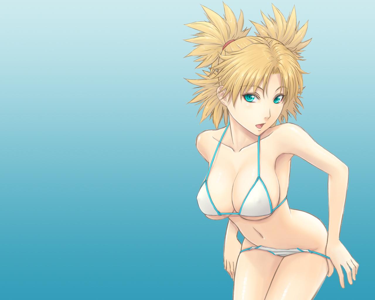 dan (kumadan), temari (naruto), naruto (classic), naruto (series), 1girl, bikini, bikini pull, blonde hair, blue eyes, breasts, clothes pull, female focus, large breasts, panties, panty pull, solo, swimsuit, underwear, white bikini