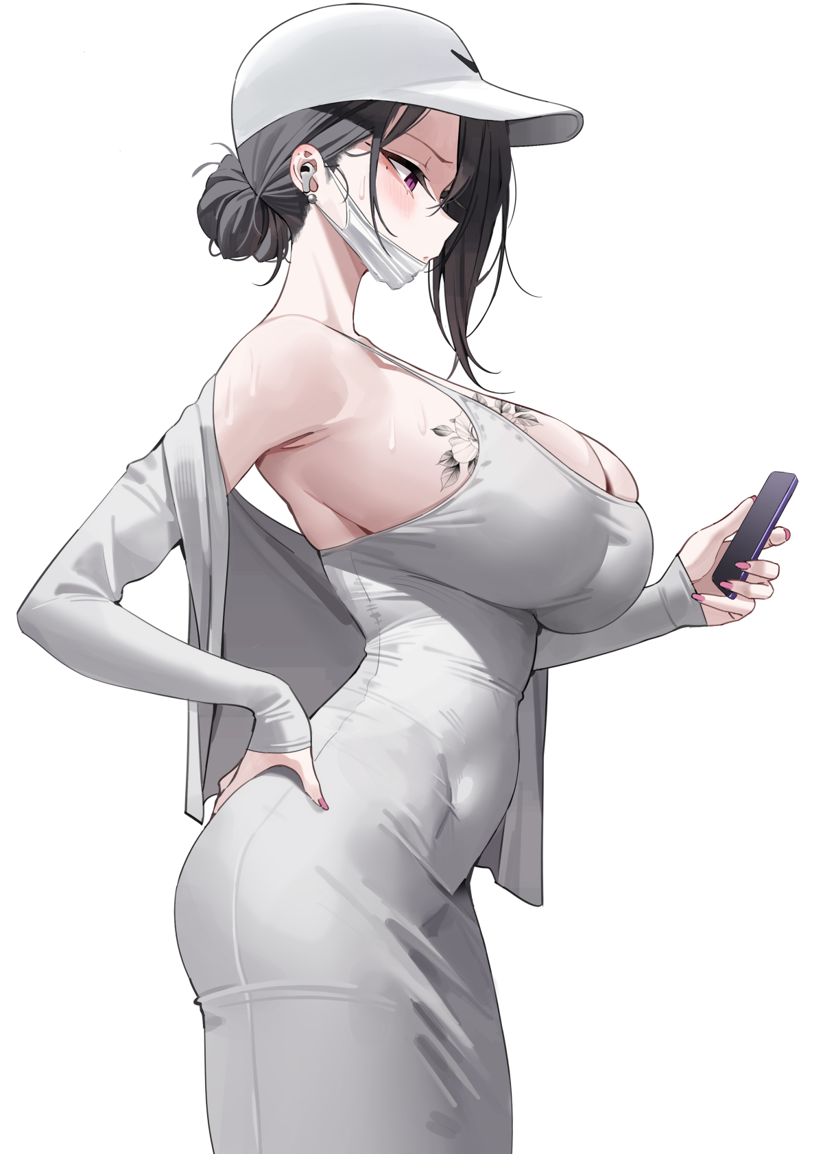 k pring, dongtan lady (k pring), original, commentary, english commentary, highres, 1girl, breast tattoo, breasts, cellphone, cleavage, dongtan dress, dress, grey dress, hand on own hip, hat, holding, holding phone, large breasts, mask, mouth mask, phone, purple eyes, solo, sweat, tattoo, white hat, white mask