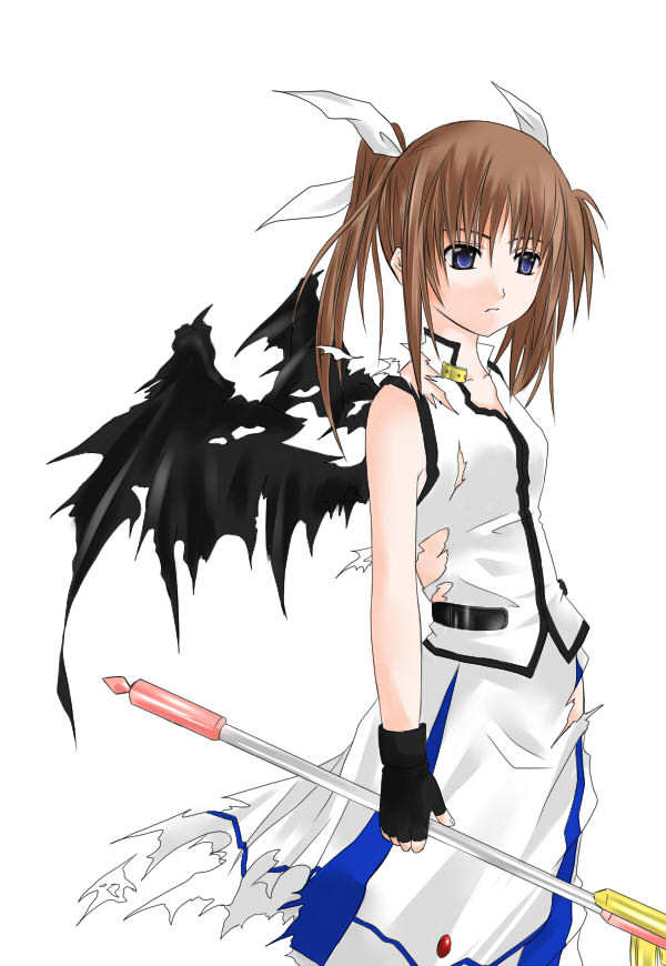 raising heart, takamachi nanoha, lyrical nanoha, mahou shoujo lyrical nanoha, mahou shoujo lyrical nanoha a's, 00s, 1girl, bare shoulders, blue eyes, brown hair, female focus, fingerless gloves, gloves, short hair, solo, torn clothes, twintails, wand, wings