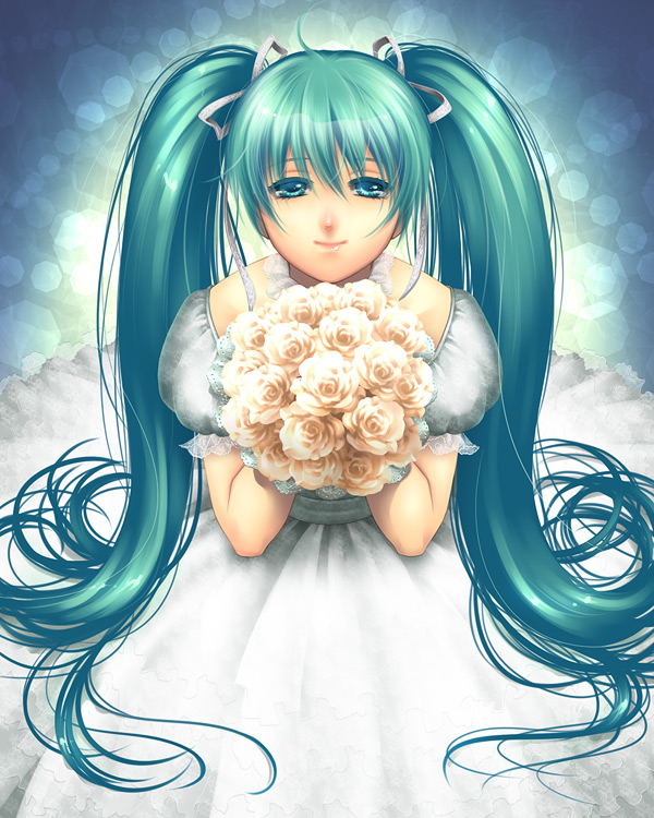 kayu, hatsune miku, vocaloid, aqua eyes, aqua hair, bouquet, bride, dress, flower, long hair, rose, solo, twintails, wedding dress, white flower, white rose