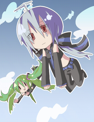 hatsune miku, yowane haku, vocaloid, 2girls, :d, ahoge, albino, detached sleeves, flying, green hair, multiple girls, necktie, open mouth, red eyes, sky, smile, tears, white hair