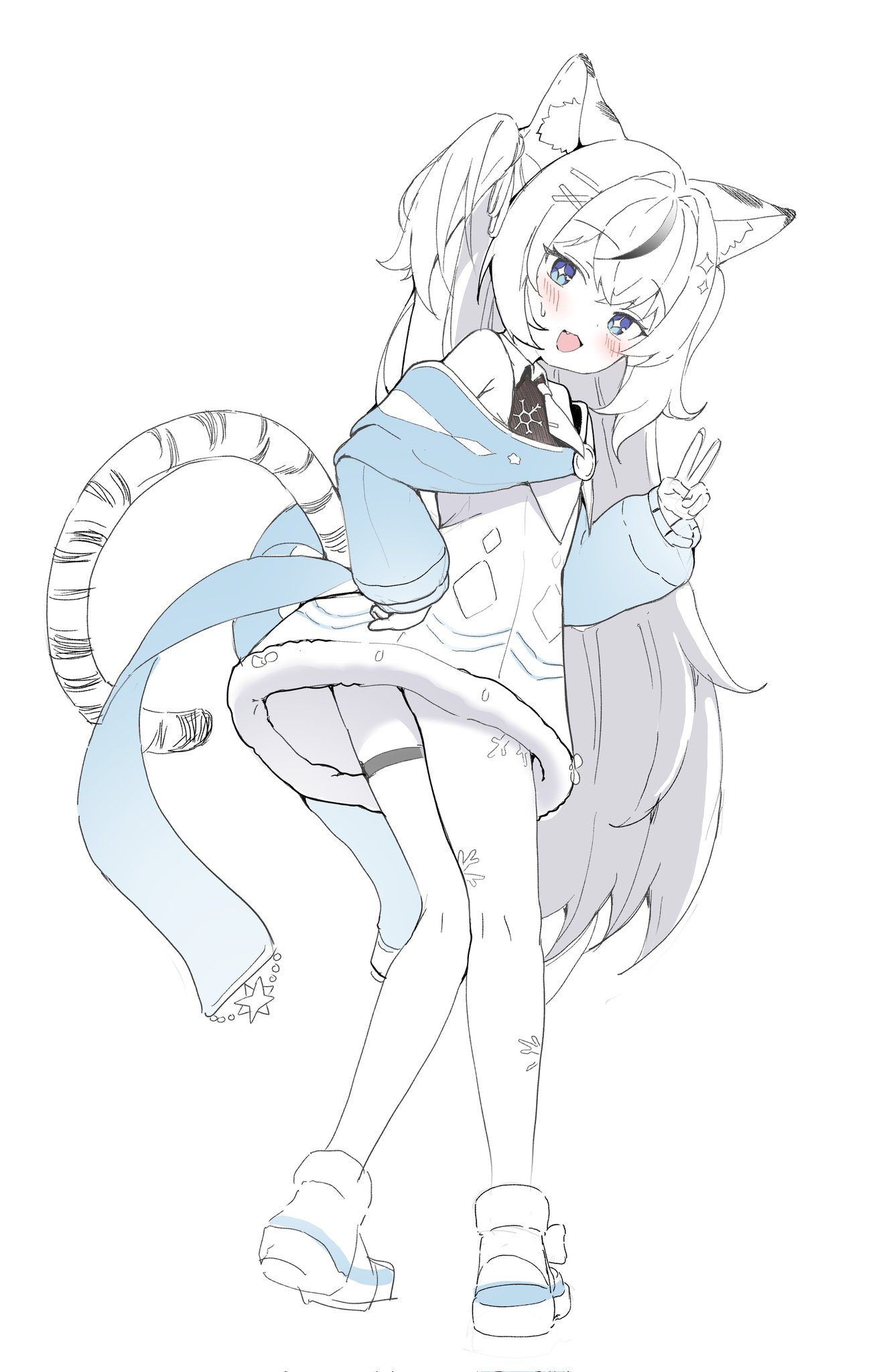 quel (quel1111), original, highres, 1girl, animal ear fluff, animal ears, blue eyes, blush, dress, fang, full body, hair ornament, long hair, looking at viewer, looking back, multicolored hair, open mouth, simple background, skin fang, smile, solo, streaked hair, tail, thigh strap, tiger ears, tiger girl, tiger tail, two side up, v, white background, white hair