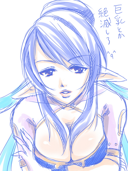 akr (akari), judith (tales), tales of (series), tales of vesperia, resized, 1girl, blue hair, breasts, gloves, pixiv thumbnail, pointy ears, red eyes, smile, solo