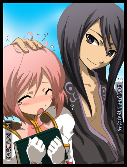 kirita (noraring), estellise sidos heurassein, yuri lowell, tales of (series), tales of vesperia, translation request, 00s, 1boy, 1girl, blush, gloves, headpat, short hair, smile