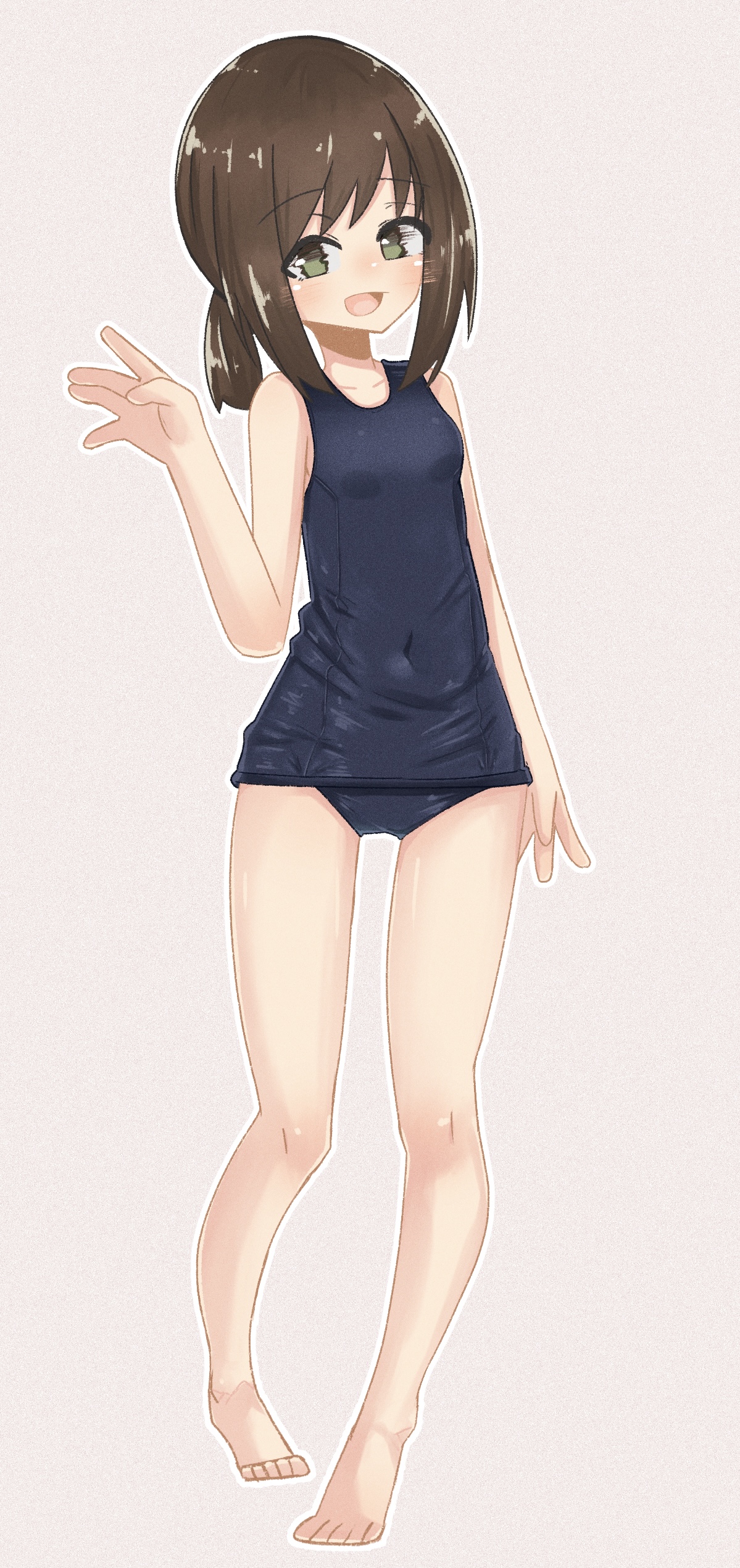 mf u c, fubuki (kancolle), kantai collection, absurdres, highres, 1girl, bare arms, bare legs, blush, brown hair, green eyes, looking at viewer, low ponytail, old school swimsuit, open mouth, ponytail, school swimsuit, short hair, short ponytail, sidelocks, solo, swimsuit