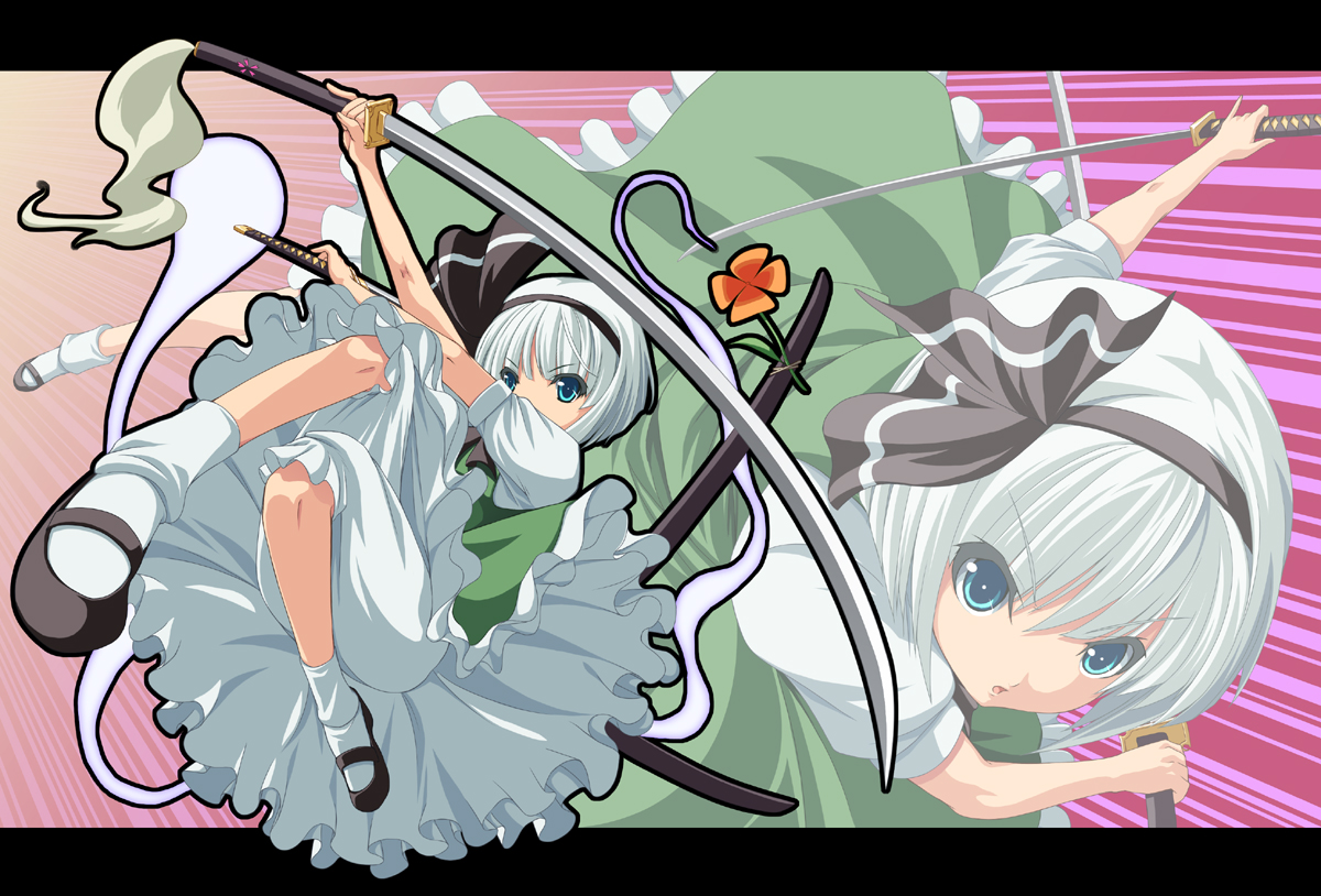 somejima, konpaku youmu, konpaku youmu (ghost), touhou, silver hair, bad id, bad pixiv id, 1girl, dress, female focus, green dress, hitodama, holding, holding sword, holding weapon, katana, kneehighs, letterboxed, looking at viewer, mary janes, puffy short sleeves, puffy sleeves, shoes, short hair, short sleeves, socks, solo, sword, unsheathed, weapon, white socks