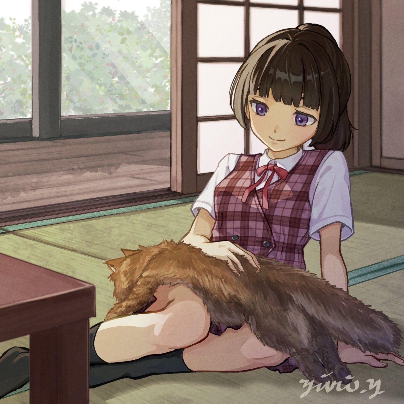 yuri yone, original, highres, 1girl, animal, black hair, brown hair, cat, dog, dress, indoors, ponytail, purple eyes, school uniform, short hair, shouji, sitting, skirt, sliding doors, smile, solo, tatami