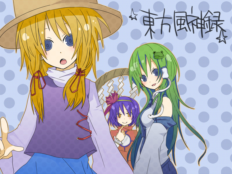 kochiya sanae, moriya suwako, yasaka kanako, touhou, 3girls, blonde hair, blue eyes, blue hair, detached sleeves, female focus, frog, green hair, hat, japanese clothes, miko, multiple girls, simple background, smile, snake
