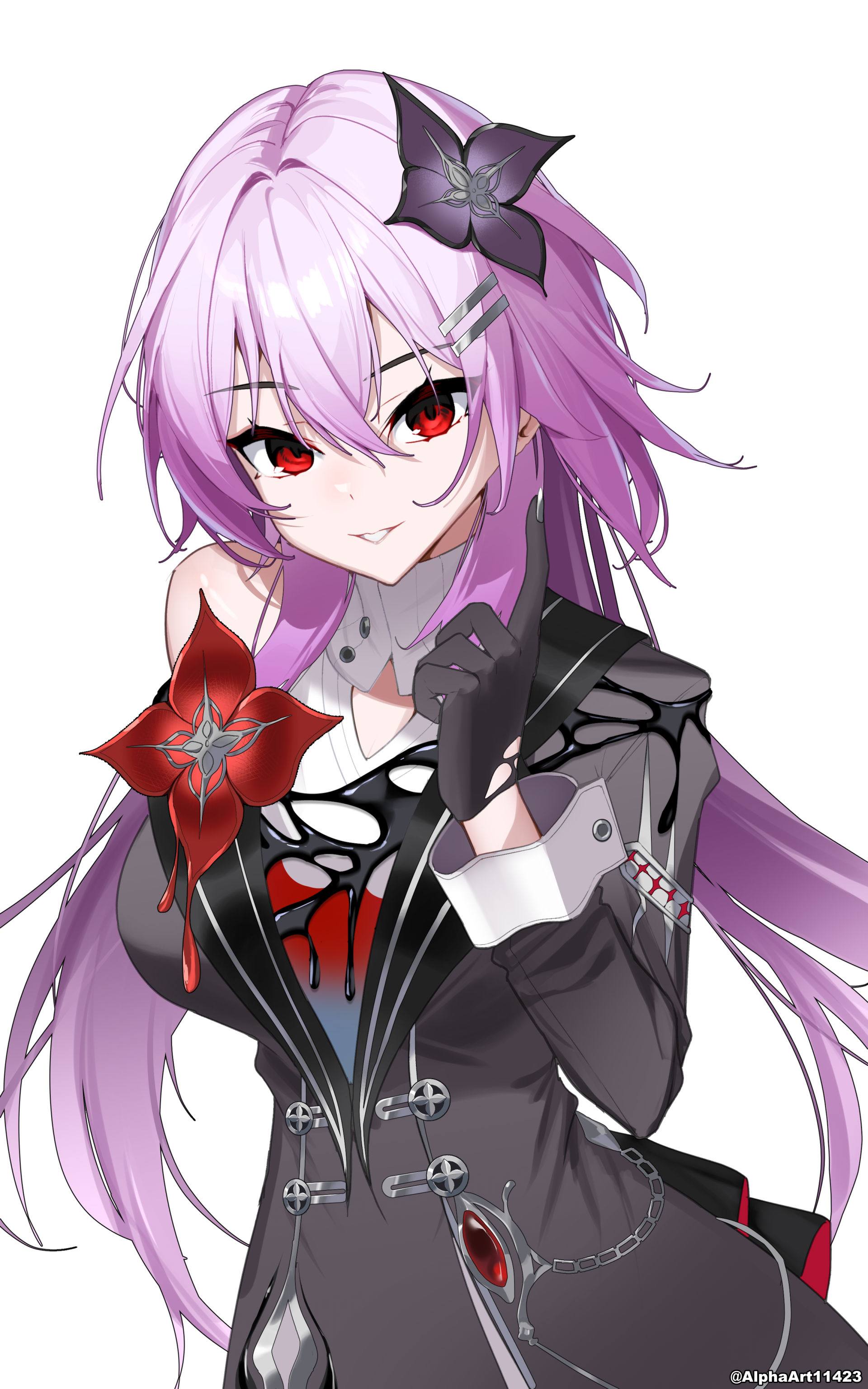 alphaart, evernight (honkai: star rail), march 7th (honkai: star rail), honkai: star rail, honkai (series), absurdres, commentary, highres, 1girl, black dress, black gloves, breasts, dress, flower, gloves, hair between eyes, hair flower, hair ornament, hairclip, hand up, index finger raised, large breasts, long hair, looking at viewer, parallel hairclips, parted lips, pink hair, purple flower, red eyes, simple background, single bare shoulder, smile, solo, twitter username, upper body, very long hair, white background