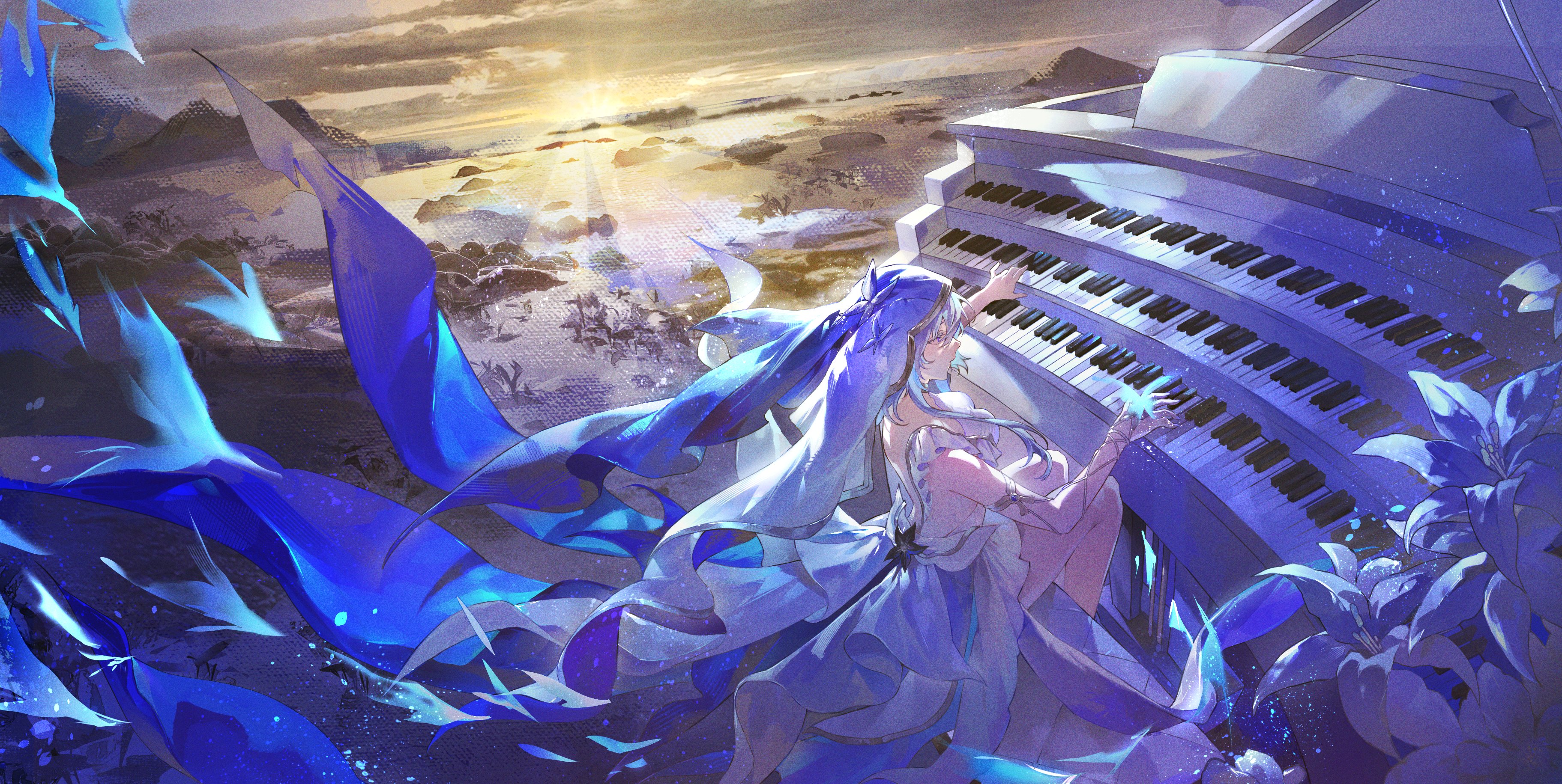 fsuusux, shorekeeper (wuthering waves), wuthering waves, absurdres, commentary, hashtag-only commentary, highres, 1girl, armlet, black flower, blake bloom (wuthering waves), blue butterfly, blue flower, blue hair, breasts, bug, butterfly, dress, flower, from side, grand piano, insect, instrument, jewelry, long hair, medium breasts, music, piano, playing instrument, playing piano, sitting, sleeveless, sleeveless dress, solo, sunrise, veil, white dress, white veil