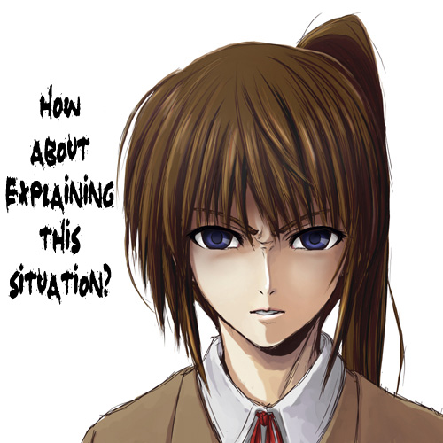 takamachi nanoha, lyrical nanoha, mahou shoujo lyrical nanoha, hard-translated, lowres, third-party edit, 00s, 1girl, angry, blue eyes, expressionless, female focus, long hair, looking at viewer, ponytail, school uniform, shaded face, side ponytail, simple background, solo, white background