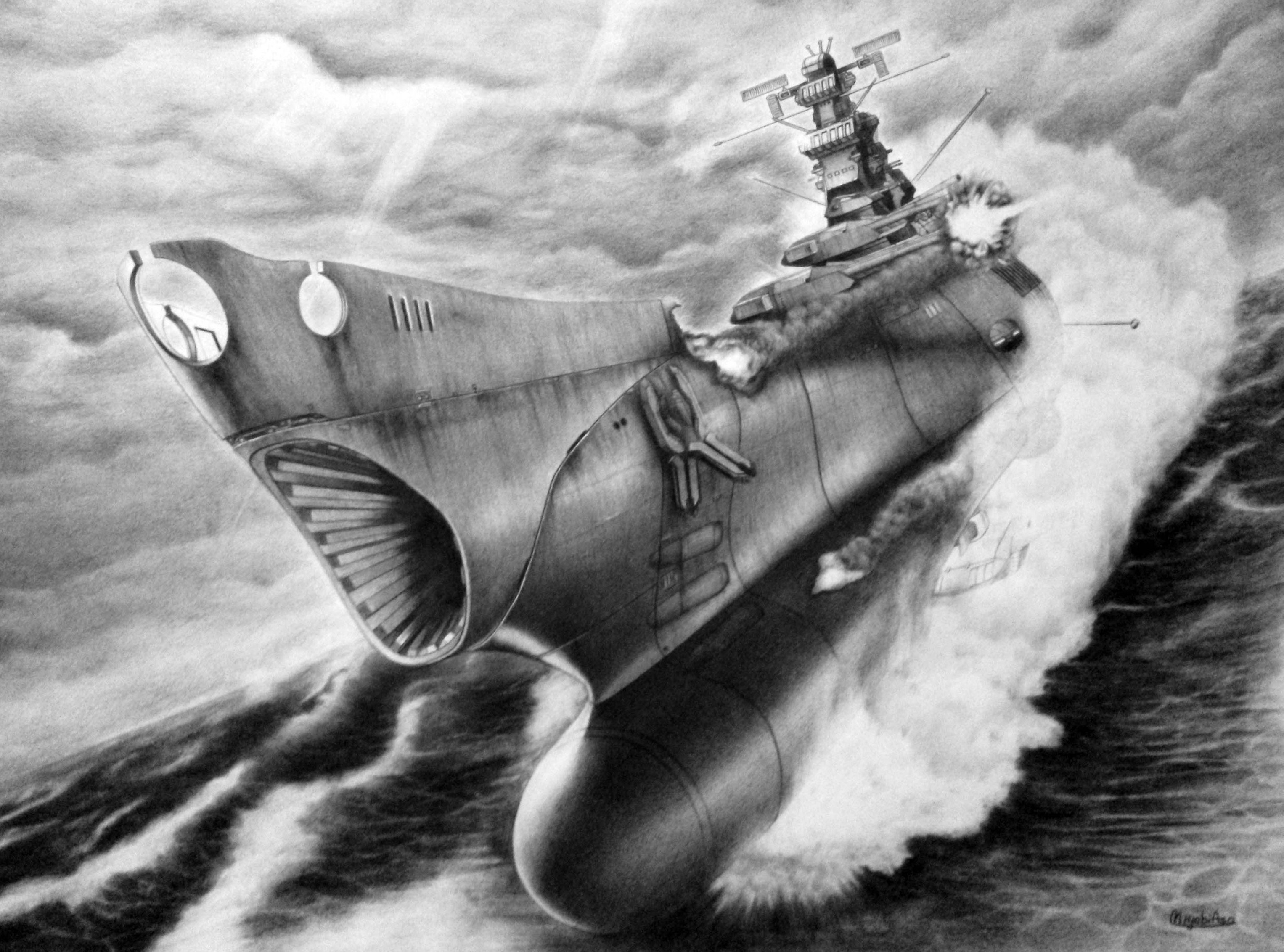 miyabi asou, yamato (uchuu senkan yamato), uchuu senkan yamato, highres, explosion, greyscale, monochrome, no humans, ocean, ship, smoke, spacecraft, vehicle focus, water, watercraft, wave motion gun