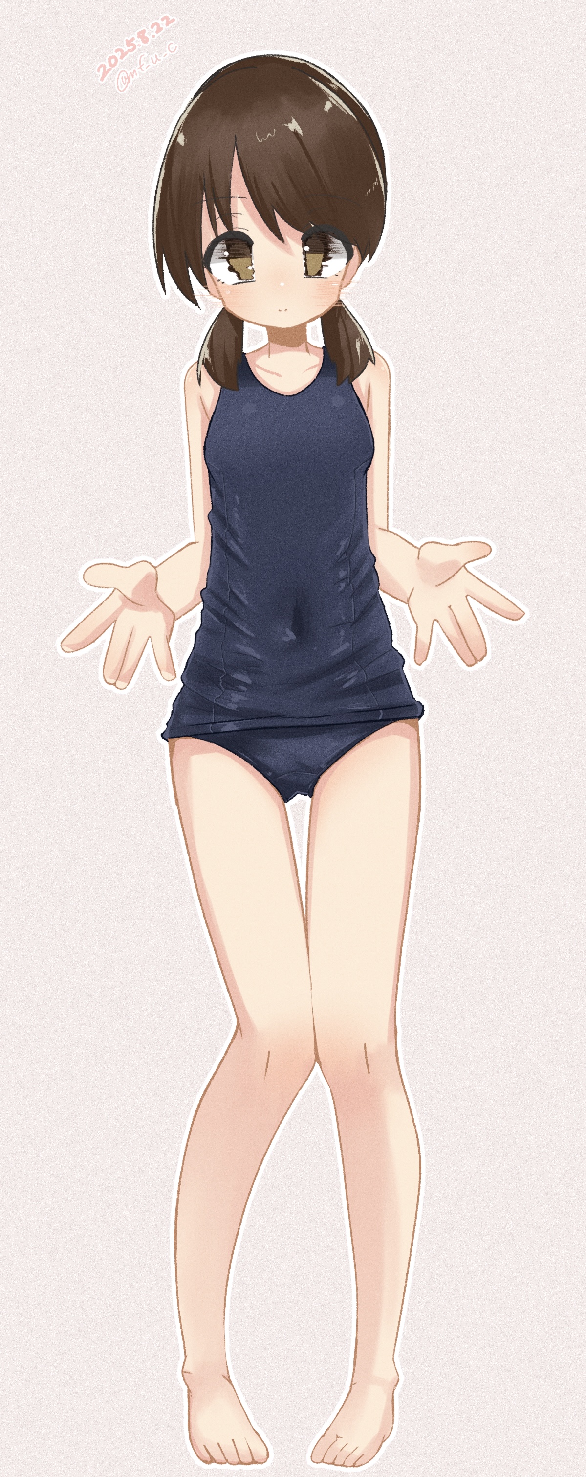 mf u c, shirayuki (kancolle), kantai collection, absurdres, highres, 1girl, bare arms, bare legs, blush, brown eyes, brown hair, looking at viewer, low twintails, old school swimsuit, ponytail, school swimsuit, short hair, short ponytail, short twintails, sidelocks, solo, swimsuit, twintails