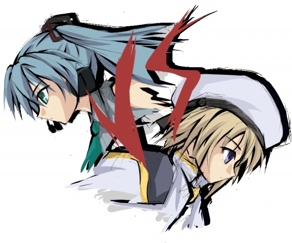 hatsune miku, yagami hayate, lyrical nanoha, mahou shoujo lyrical nanoha, mahou shoujo lyrical nanoha a's, vocaloid, 00s, 2girls, aqua eyes, beret, blonde hair, blue eyes, blue hair, crossover, hat, headset, long hair, multiple girls, necktie, short hair, turtleneck, twintails