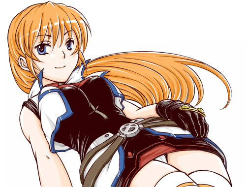 teana lanster, lyrical nanoha, mahou shoujo lyrical nanoha, lowres, 00s, 1girl, blue eyes, female focus, gloves, long hair, orange hair, panties, pantyshot, solo, thighhighs, underwear, upskirt, white panties