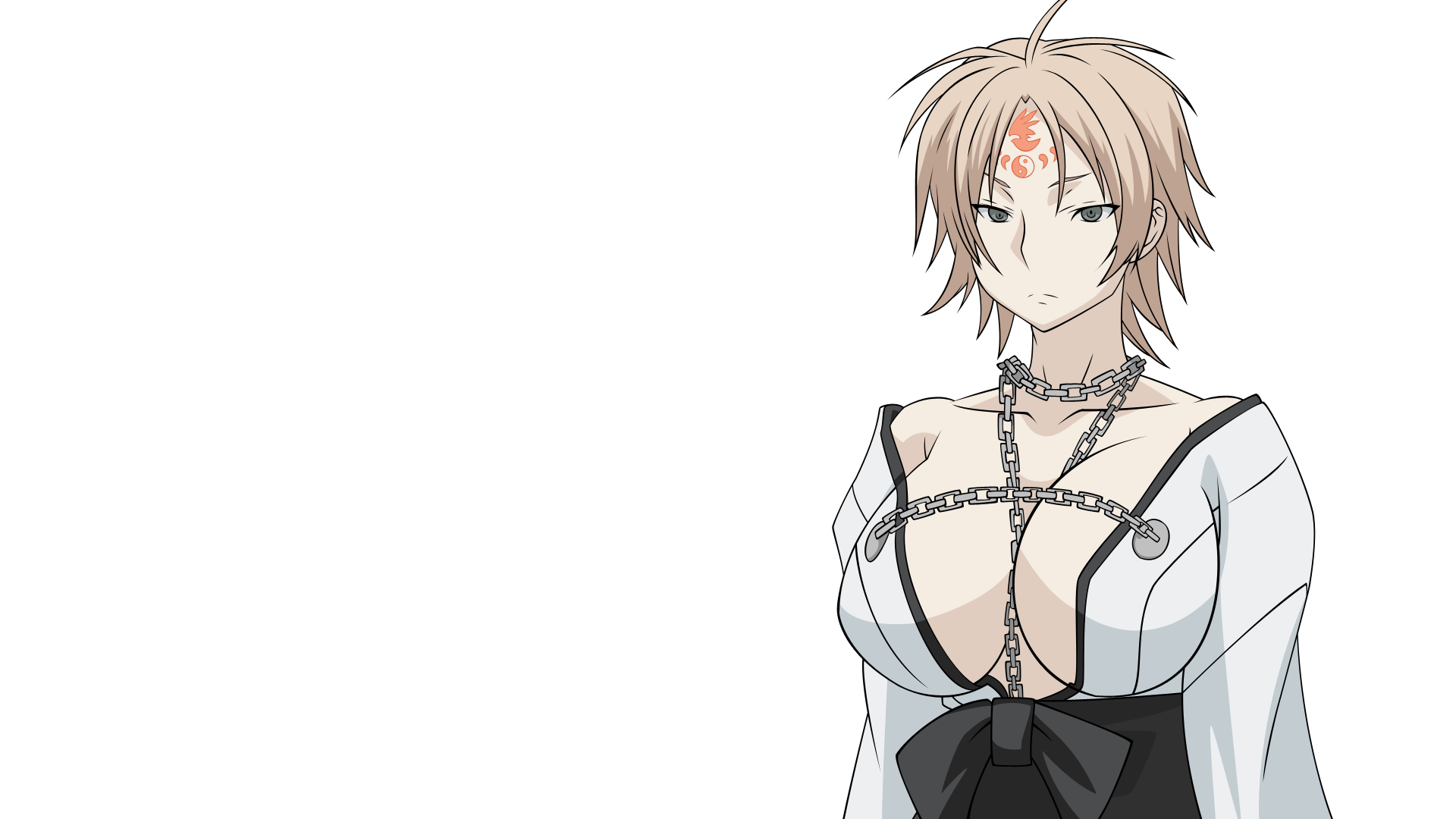 akitsu, akitsu (sekirei), sekirei, derivative work, highres, vector trace, 00s, 1girl, ahoge, between breasts, breasts, brown hair, chain, cleavage, facial mark, female focus, forehead mark, frown, grey eyes, huge breasts, japanese clothes, kimono, large breasts, no bra, off shoulder, short hair, solo, transparent background, yin yang