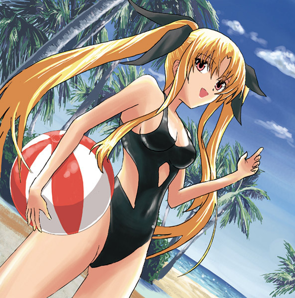 kaeru314, kaeru (kaerism), fate testarossa, lyrical nanoha, mahou shoujo lyrical nanoha, 00s, 1girl, ball, beach, beachball, blonde hair, casual one-piece swimsuit, day, female focus, one-piece swimsuit, palm tree, red eyes, ribbon, solo, swimsuit, tree, twintails