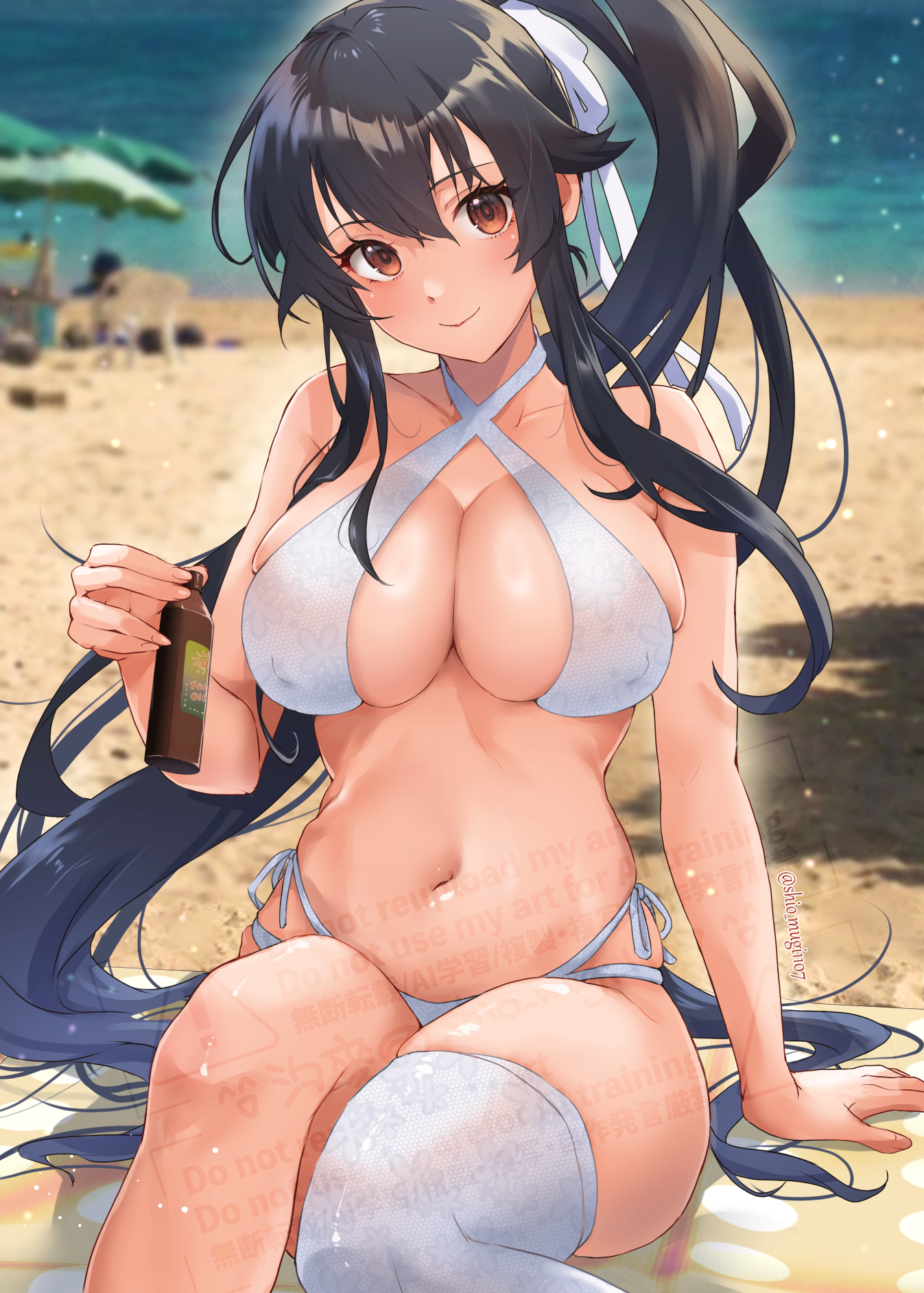 shiomugi (shio mugi1107), yahagi (kancolle), kantai collection, commentary request, highres, 1girl, beach, bikini, black hair, breasts, brown eyes, cleavage, covered erect nipples, hair between eyes, hair ribbon, large breasts, long hair, looking at viewer, navel, outdoors, ponytail, ribbon, single thighhigh, sitting, smile, solo, swimsuit, thighhighs, twitter username, very long hair, white bikini, white ribbon