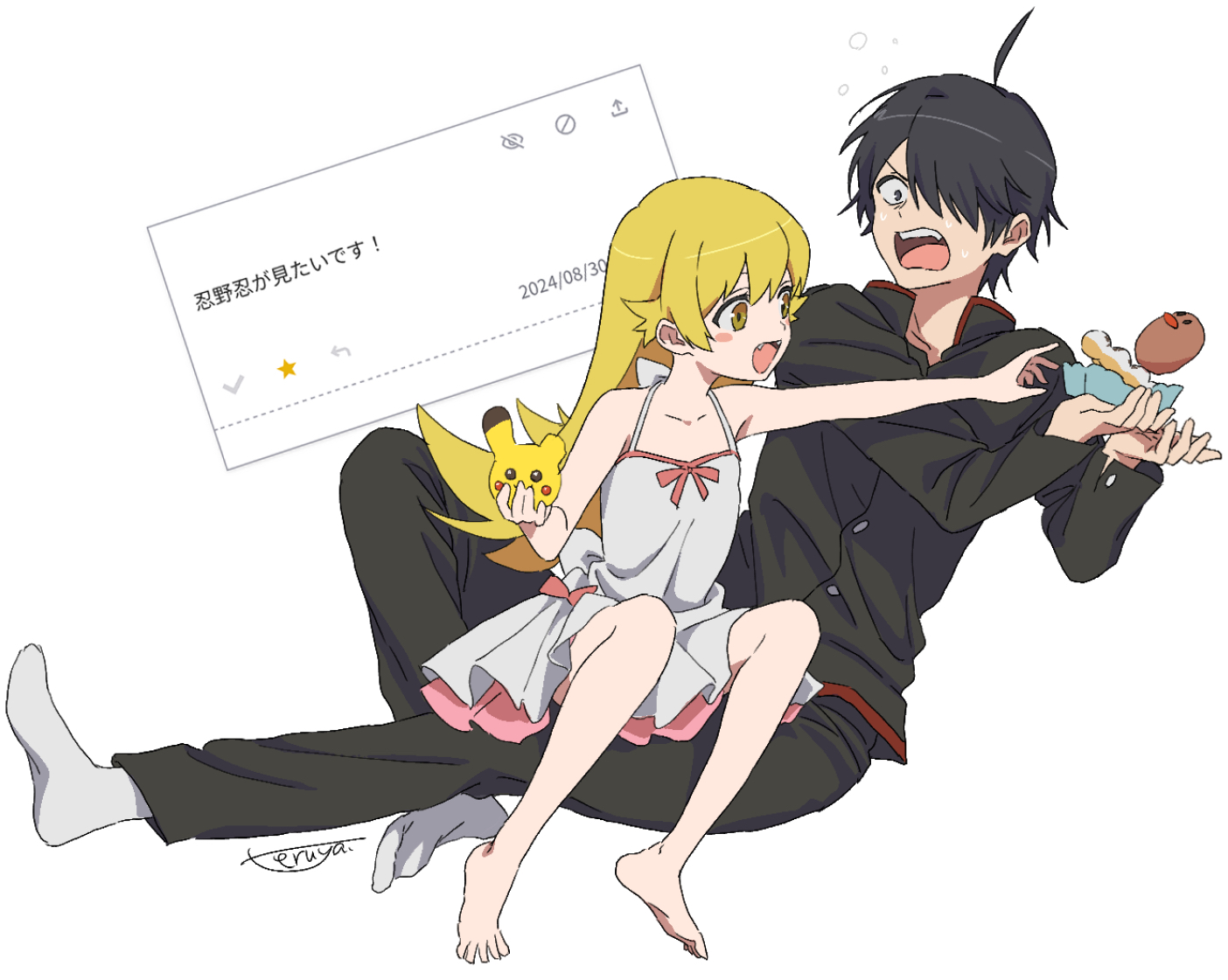 teruya (6w6y), araragi koyomi, diglett, oshino shinobu, pikachu, monogatari (series), nintendo, odaibako, pokemon, commentary request, 1boy, 1girl, ahoge, bare legs, barefoot, black hair, black jacket, black pants, blonde hair, blush stickers, character-themed food, collarbone, donut, dress, fangs, flat chest, flipped hair, flustered, food, full body, gakuran, gen 1 pokemon, grey eyes, hair flaps, hair over one eye, hands up, holding, holding food, jacket, long hair, long sleeves, naoetsu high school uniform, one eye covered, open mouth, pants, pastry box, reaching, school uniform, short dress, short hair, signature, simple background, sitting, sitting on lap, sitting on person, sleeveless, sleeveless dress, socks, swept bangs, white background, white dress, white socks, yellow eyes