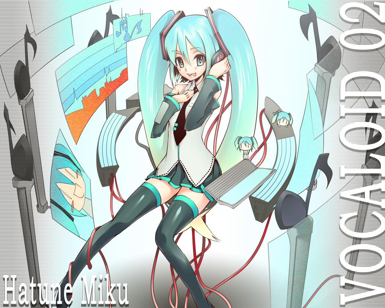 yukari (konekonekozou), hatsune miku, vocaloid, aqua eyes, aqua hair, cable, chibi, detached sleeves, headphones, long hair, necktie, sitting, skirt, thighhighs, twintails, zettai ryouiki