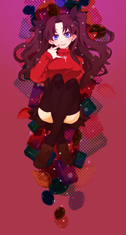 mot, tohsaka rin, fate/stay night, fate (series), bad id, bad pixiv id, 00s, 1girl, blue eyes, female focus, hair ribbon, long legs, ribbon, skirt, smile, solo, sweater, thighhighs, twintails, two side up