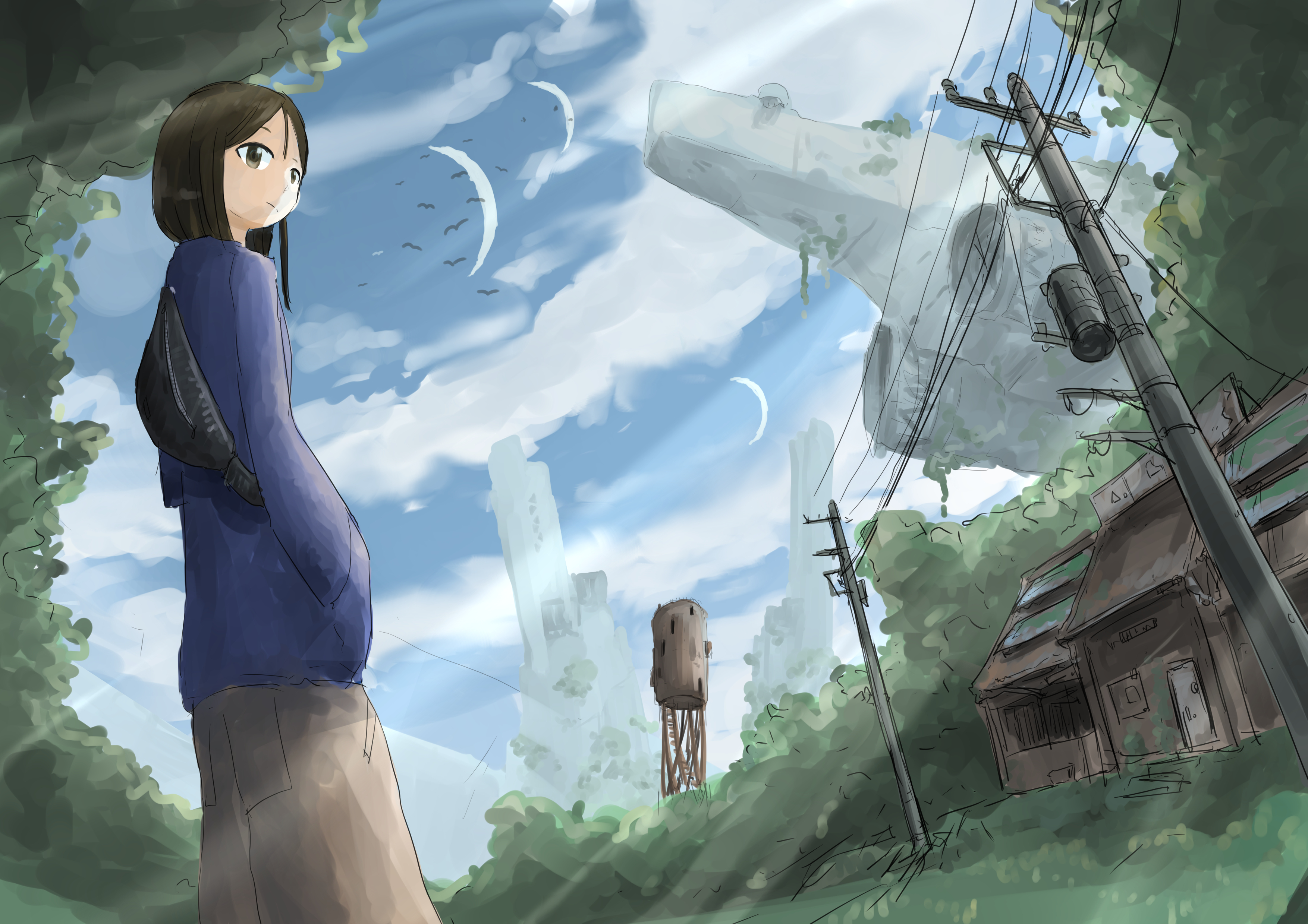doroni max, original, absurdres, highres, black hair, blue sky, building, day, looking at viewer, moss, plant, power lines, ruins, scenery, science fiction, sky, solo, spacecraft, utility pole, vines, water tower