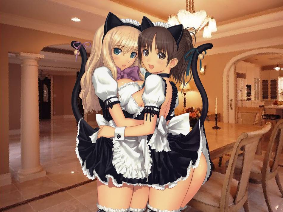 animal ears, cat ears, cat tail, cuffs, maid, tail, thighhighs