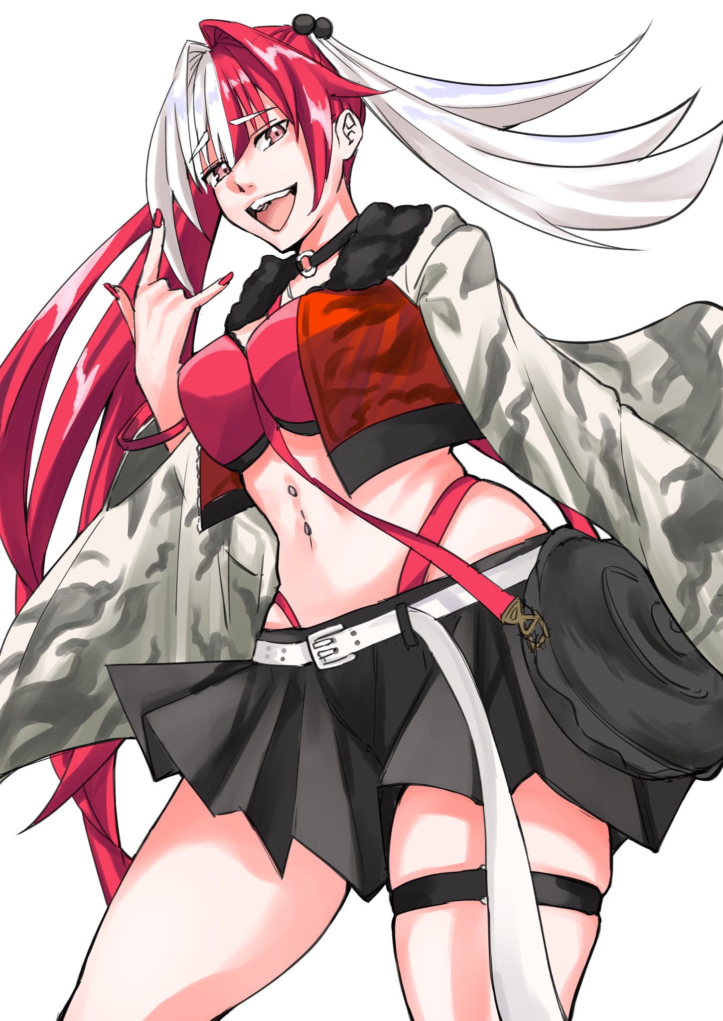 matsunaga hitsuhide (fate), fate/grand order, fate (series), highres, 1girl, belt, black skirt, breasts, cropped jacket, jacket, long hair, looking at viewer, multicolored hair, navel piercing, open clothes, open jacket, open mouth, piercing, red eyes, red hair, red nails, simple background, skirt, solo, thigh strap, twintails, two-tone hair, una una 6, white background, white belt, white hair