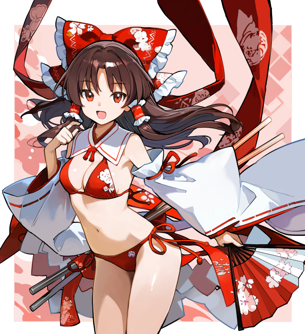 asakura maru, hakurei reimu, touhou, commentary request, 1girl, bikini, bow, breasts, cherry blossom print, collar, detached sleeves, floral print, frilled bow, frilled hair tubes, frills, hair bow, hair tubes, hand fan, holding, holding fan, long hair, looking at viewer, navel, open mouth, paper fan, print bikini, red bikini, red bow, red eyes, solo, standing, swimsuit, white collar, wide sleeves