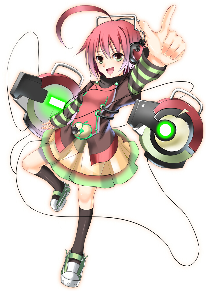 koi (koisan), apple inc., original, striped, bad id, bad pixiv id, 1girl, ahoge, female focus, green eyes, headphones, macintosh, pointing, red hair, see-through clothes, short hair, solo
