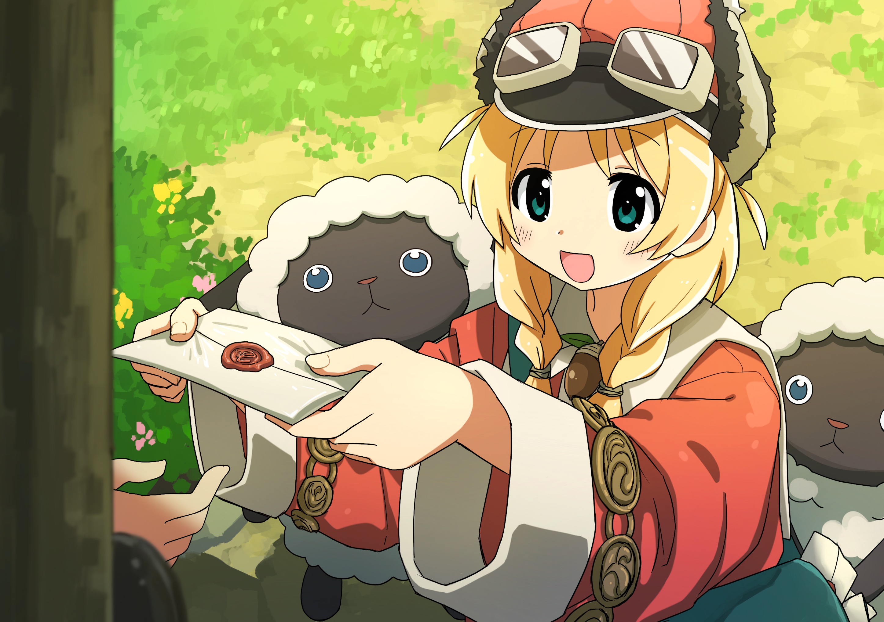 annette (rune factory), rune factory, rune factory frontier, highres, 1girl, 1other, :d, acorn, aqua eyes, blonde hair, braid, chawanwan, day, goggles, goggles on headwear, grass, hat, holding, holding letter, letter, looking at another, low twin braids, mailbag, mailman, mokomoko (rune factory), newsboy cap, open mouth, outdoors, red hat, sheep, smile, tareme, twin braids, wax seal