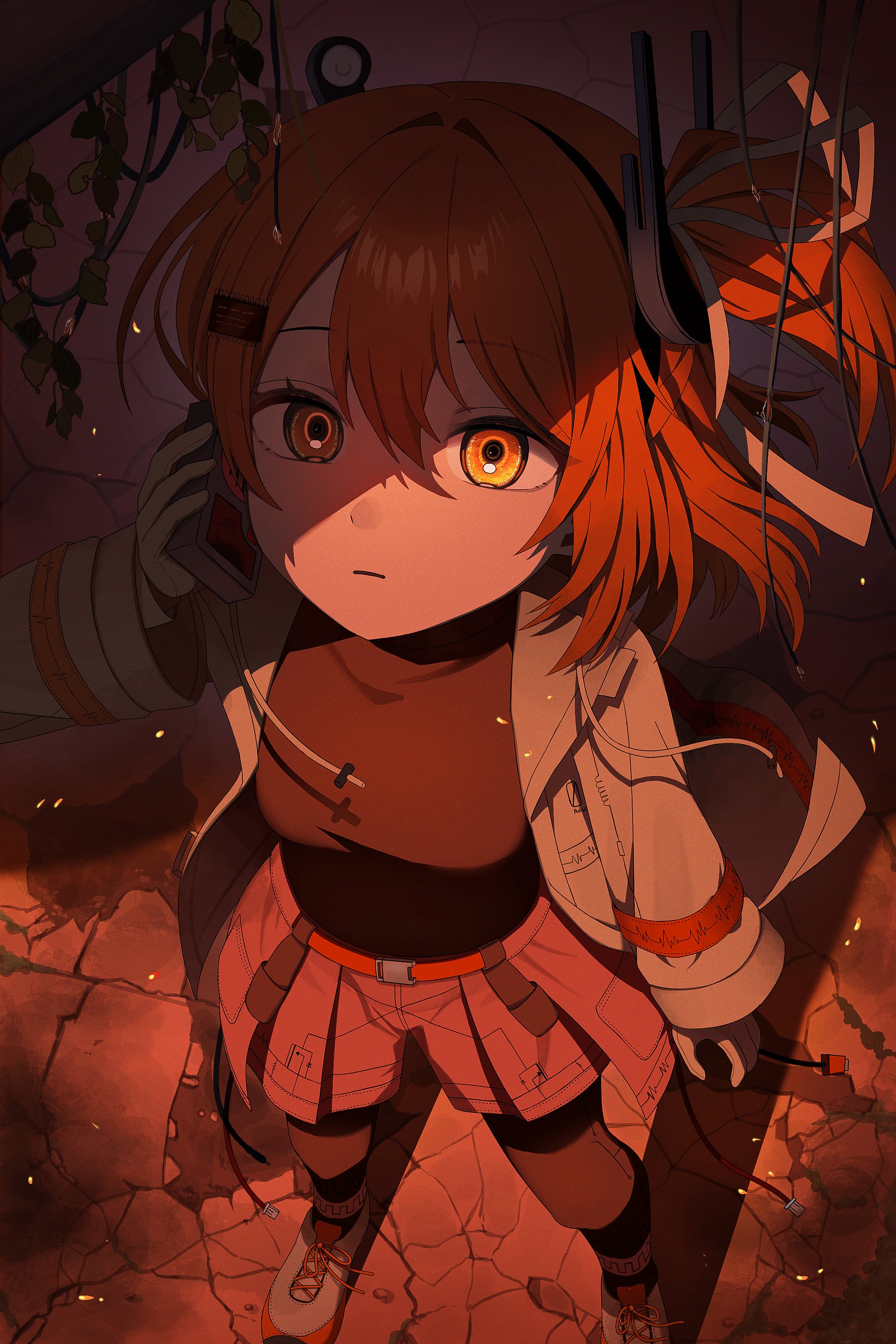 adachi rei, a.i. voice, utau, absurdres, highres, 1girl, belt, closed mouth, communicator, computer chip, crack, cracked floor, drawstring, expressionless, from above, gloves, hair ornament, headlamp, i m fine, jacket, looking up, open clothes, open jacket, orange eyes, orange hair, plant, shoelaces, shoes, shorts, side ponytail, solo, standing, vines
