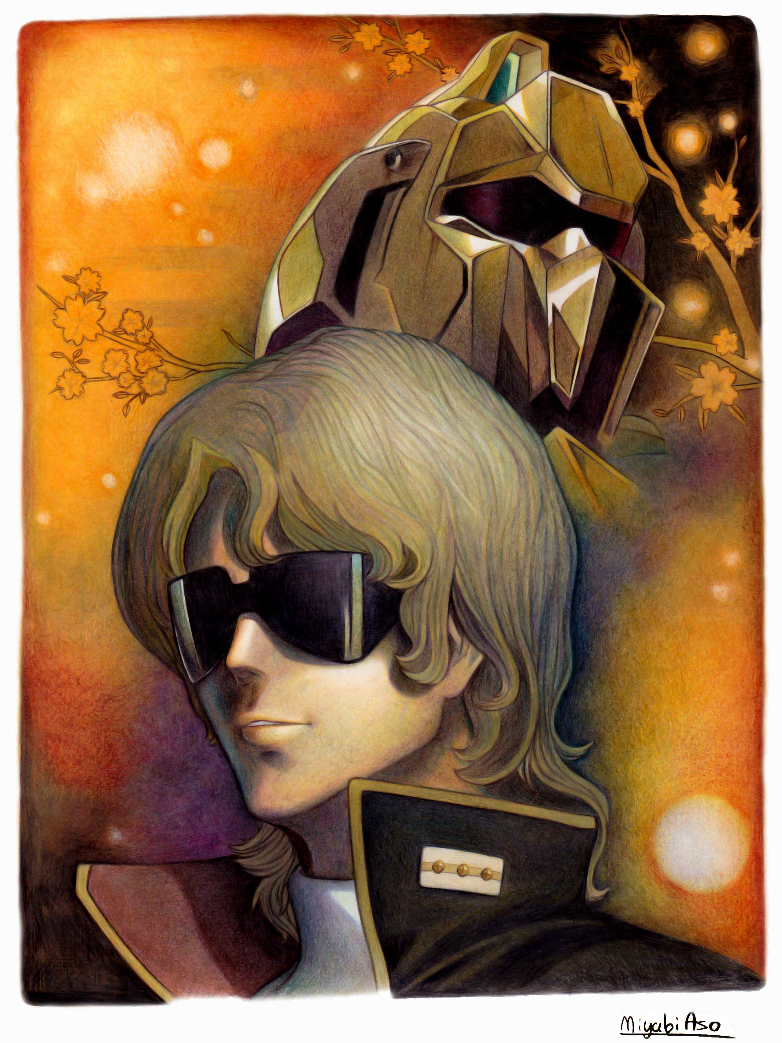 miyabi asou, hyaku shiki, quattro bajeena, gundam, zeta gundam, absurdres, colored pencil (medium), highres, traditional media, 1boy, aeug, artist name, blonde hair, collar, male focus, medium hair, mobile suit, orange background, signature, solo, sunglasses, tree print