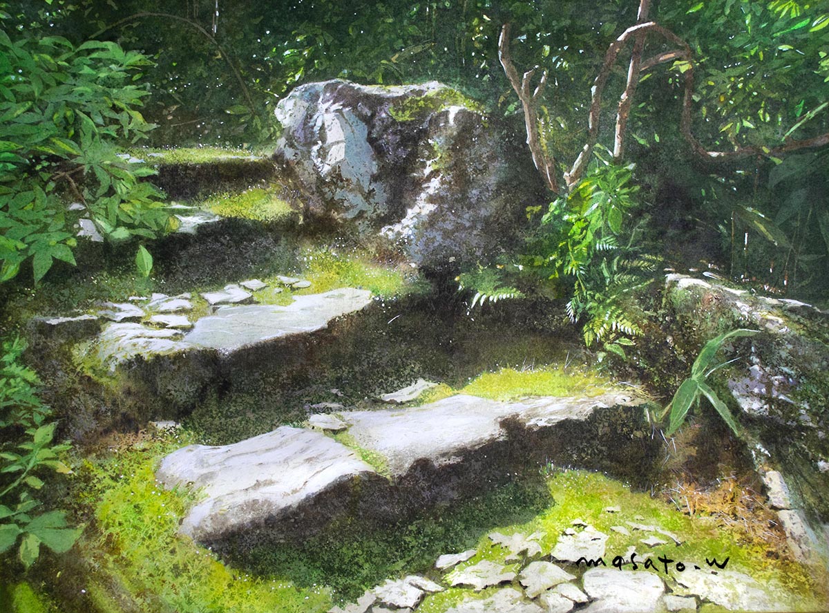 watanabe masato, original, commentary request, painting (medium), traditional media, watercolor (medium), artist name, day, fern, moss, no humans, outdoors, plant, rock, scenery, signature, stairs