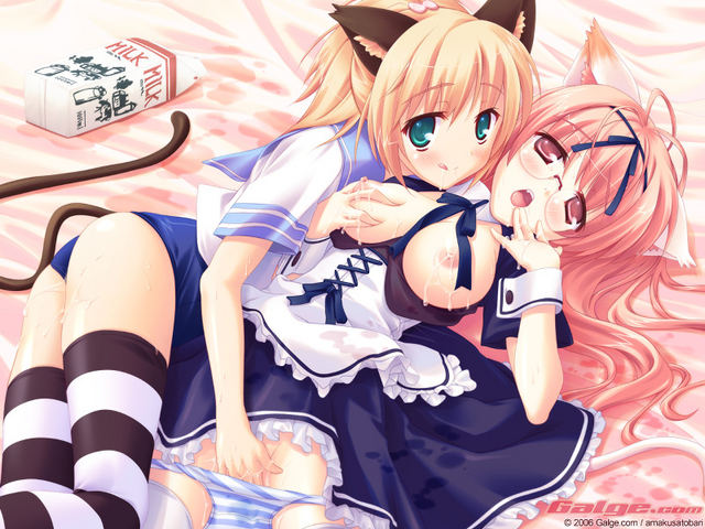 amakusa tobari, galge.com, original, striped, striped legwear, uniform, wallpaper, duplicate, 2girls, :q, ahoge, animal ears, ass, bed, blonde hair, blush, bow, breasts, breasts out, cat ears, cat tail, cuffs, dress, fingering, glasses, green eyes, hair between eyes, hair ribbon, indoors, lactation, legs, lip licking, long hair, looking at viewer, lying, maid, milk, multiple girls, nipples, no pants, one-piece swimsuit, open clothes, open mouth, open shirt, panties, panty pull, pink eyes, pink hair, ponytail, puffy nipples, pussy juice, ribbon, school swimsuit, school uniform, serafuku, shirt, short sleeves, stain, striped panties, swimsuit, swimsuit under clothes, tail, thighhighs, tongue, tongue out, underwear, wrist cuffs, yuri