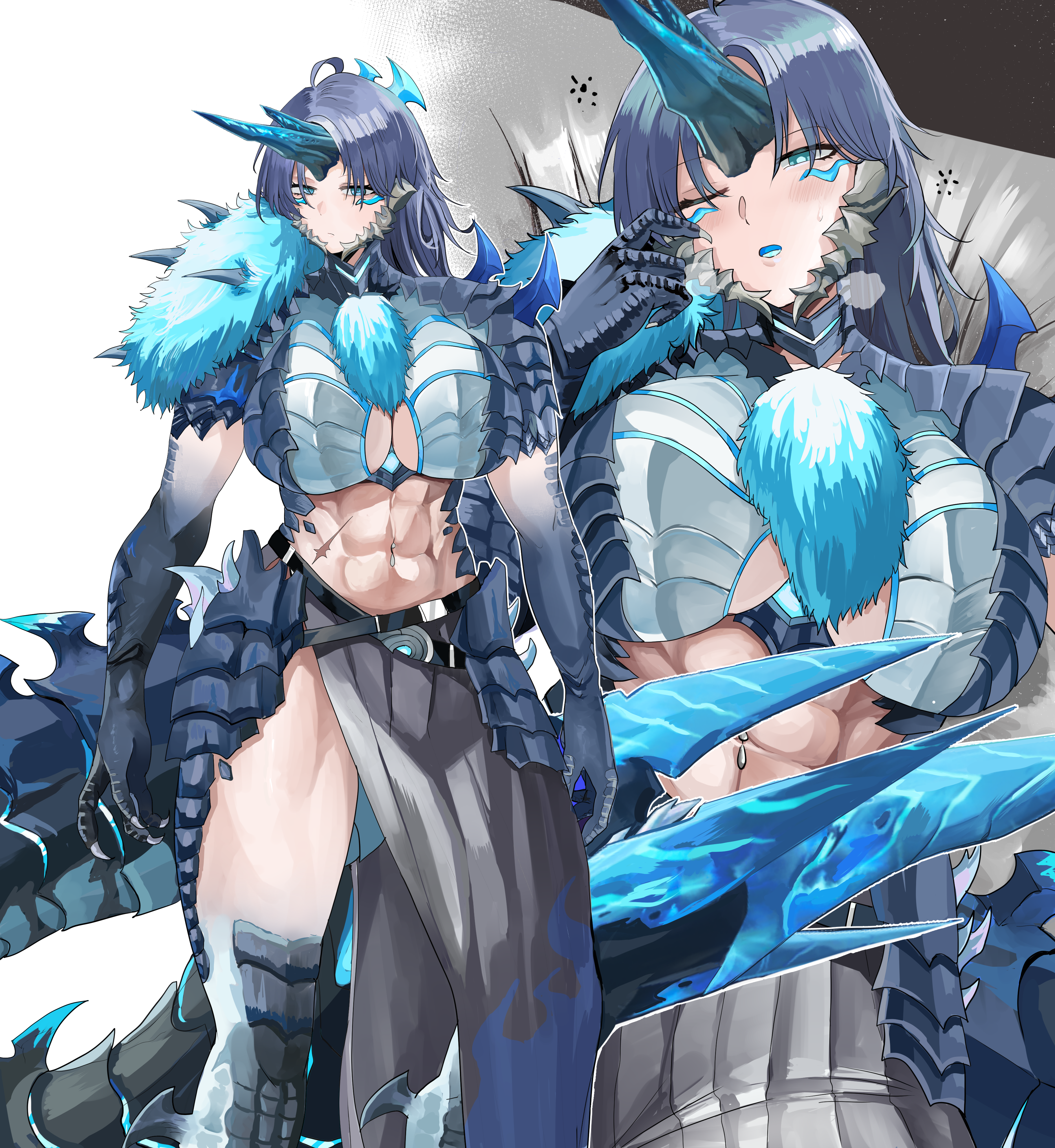 will2012tw, wuthering waves, absurdres, commentary request, highres, 1girl, abs, armor, black sarong, blue eyes, blue hair, blue horns, blue pupils, blush, body fur, breasts, breath, center opening, claws, cleavage, closed mouth, colored extremities, corrosaurus (wuthering waves), facial mark, hand up, horns, large breasts, long hair, looking at viewer, monster girl, multiple views, muscular, muscular female, mutation, navel piercing, one eye closed, open mouth, personification, piercing, sarong, scar, scar on stomach, single horn, squeans, stomach, tacet discord (wuthering waves), tail, thighs