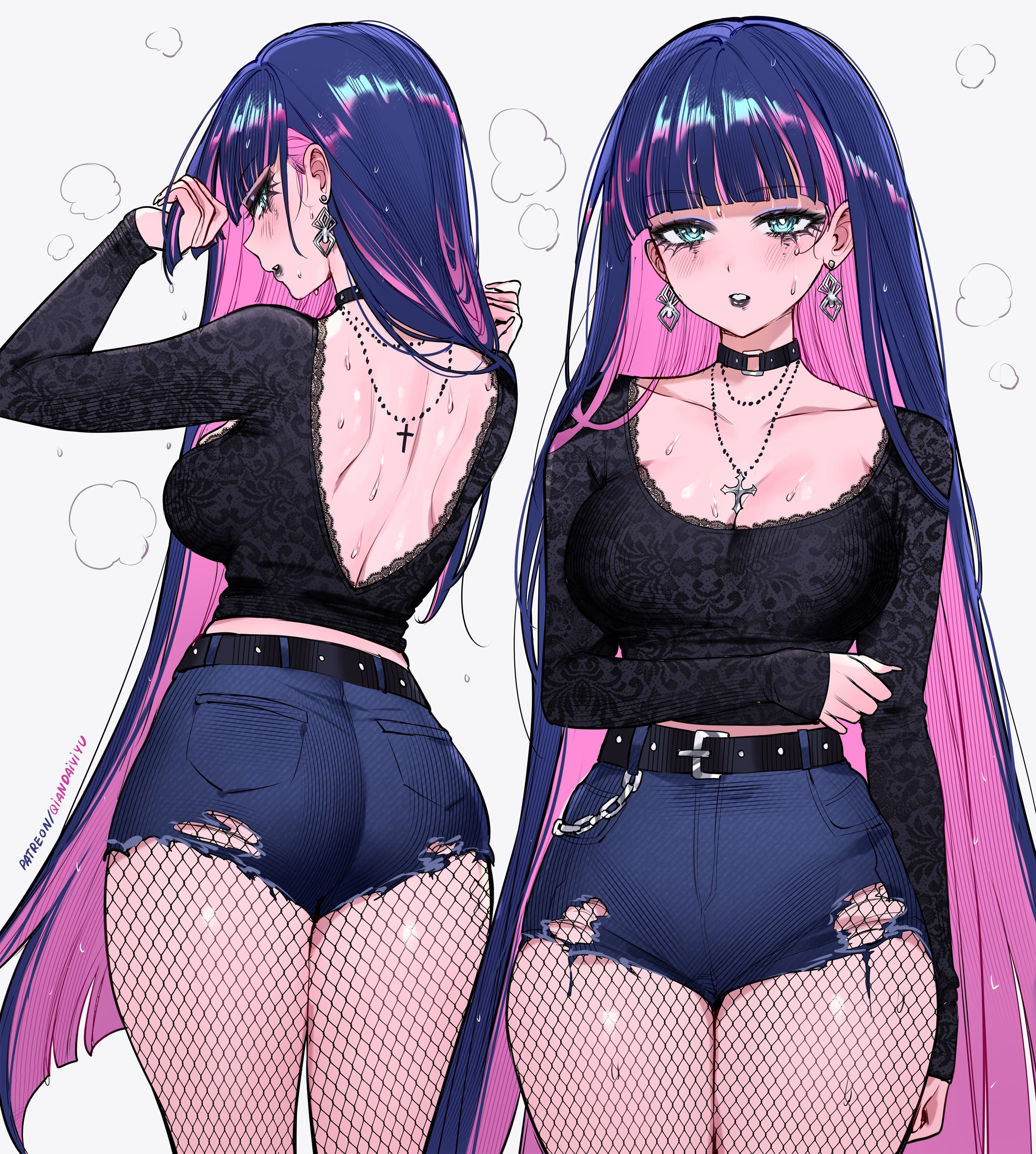 qiandaiyiyu, stocking (psg), panty & stocking with garterbelt, absurdres, highres, paid reward available, 1girl, alternate costume, ass, black choker, black shirt, blue hair, blush, breasts, choker, cleavage, collarbone, colored inner hair, cross, cross necklace, earrings, eyeliner, fishnet pantyhose, fishnets, goth fashion, green eyes, jewelry, large breasts, long hair, long sleeves, looking at viewer, makeup, mascara, multicolored hair, multiple views, necklace, pantyhose, pink hair, shirt, short shorts, shorts, simple background, standing, thighs, torn clothes, torn shorts, two-tone hair, white background