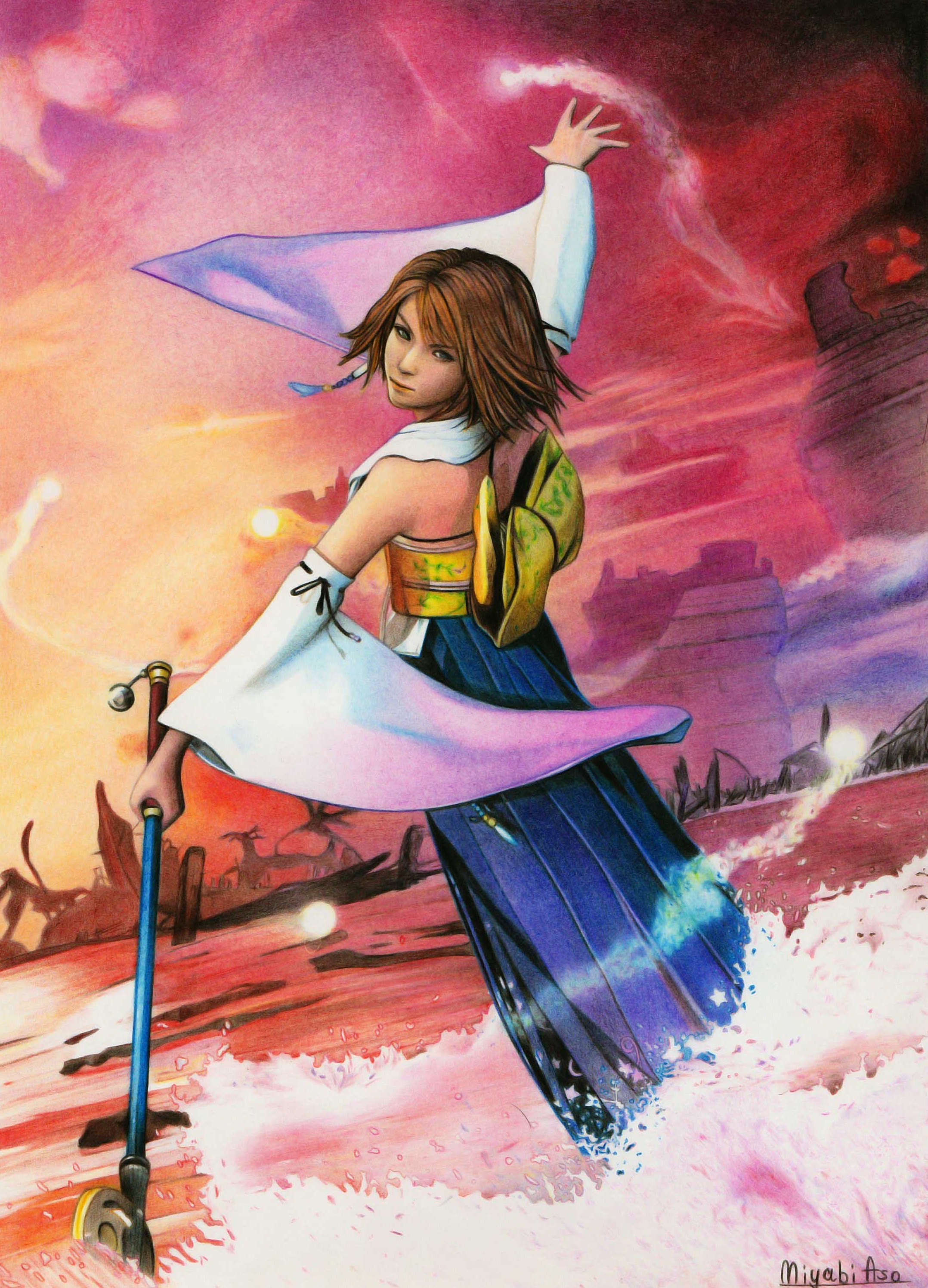miyabi asou, yuna (ff10), final fantasy, final fantasy x, absurdres, colored pencil (medium), highres, traditional media, 1girl, black hair, blue skirt, detached sleeves, gradient theme, holding, holding wand, medium hair, outstretched arms, sash, skirt, solo, spread arms, wand, wide sleeves, yellow sash