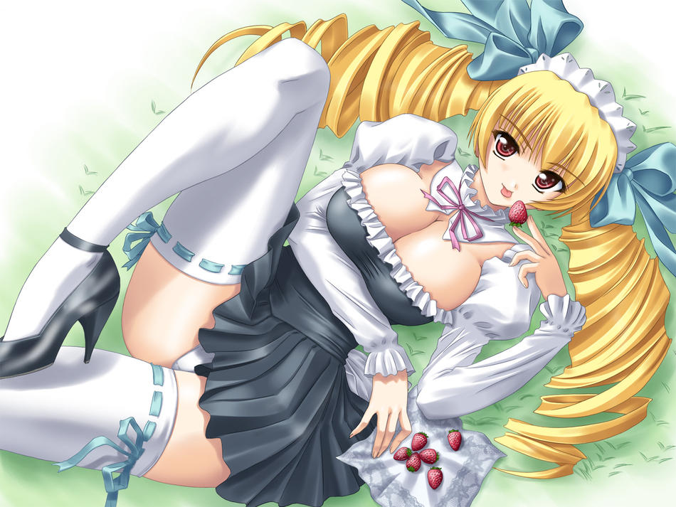 kishi nisen, shinmeiji rinn, oshioki sweetie, 1girl, :p, blonde hair, bow, bow legwear, breasts, cleavage, cleavage cutout, clothing cutout, dress, drill hair, dutch angle, eating, female focus, food, frills, from above, fruit, grass, hair bow, high collar, high heels, holding, large breasts, leg up, long hair, lying, maid, maid headdress, napkin, naughty face, neck ribbon, on back, on ground, outdoors, panties, pantyshot, pleated dress, red eyes, ribbon, shirt, shoes, short dress, solo, strawberry, taut clothes, taut shirt, thighhighs, tongue, tongue out, twin drills, underwear, white panties