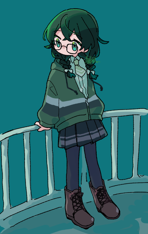 hanakuma chifuyu, cevio, synthesizer v, 1girl, amamoridaradara, boots, bow, braid, full body, glasses, green eyes, green hair, jacket, long sleeves, looking at viewer, pantyhose, pleated skirt, railing, skirt, solo, standing