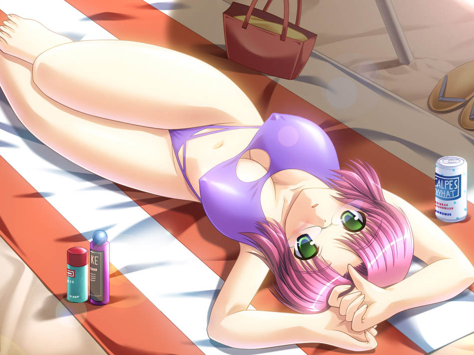 yameta takashi, shuu mariko, oshioki sweetie, striped, 1girl, :o, arms up, bag, barefoot, beach, bikini, blush, bottle, breasts, can, cleavage, cleavage cutout, clothing cutout, covered erect nipples, dutch angle, embarrassed, feet, female focus, flip-flops, from above, glasses, green eyes, large breasts, legs, lens flare, looking at viewer, lotion, lying, on back, open mouth, outdoors, parted bangs, pink hair, sandals, shadow, shoes, short hair, solo, sunscreen, swimsuit, towel, unworn shoes