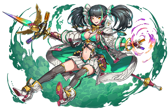 puzzle & dragons, official art, 1girl, black hair, bra, breasts, cleavage, full body, green bra, huge breasts, menoa (p&d), multicolored hair, navel, orange eyes, polearm, skirt, solo, spear, streaked hair, thick thighs, thighhighs, thighs, twintails, underwear, weapon