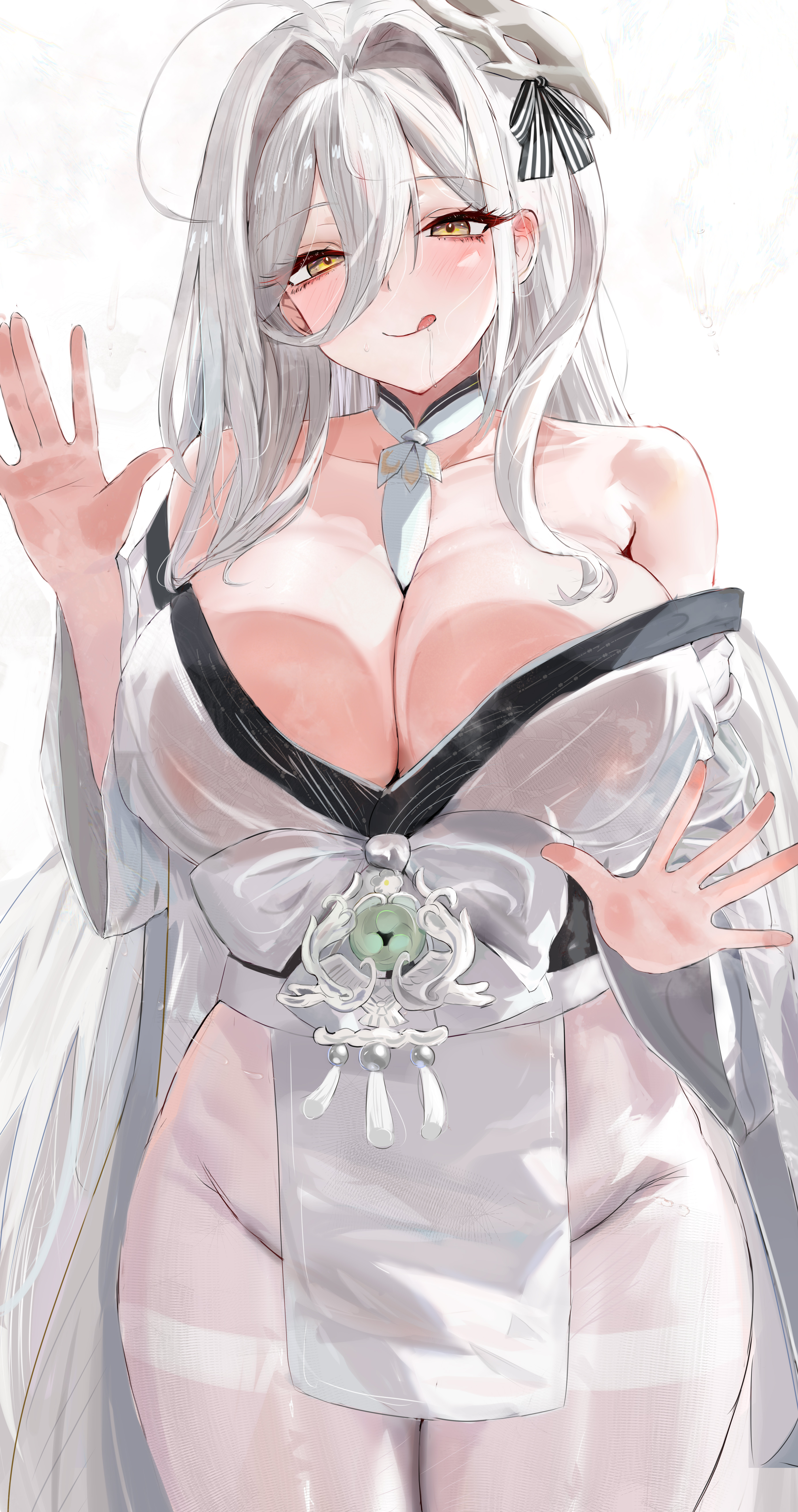 lshiki, hakuhou (azur lane), azur lane, absurdres, commentary, highres, 1girl, against glass, ahoge, bare shoulders, between breasts, blush, breast press, breasts, breasts on glass, cleavage, closed mouth, collarbone, covered groin, hair between eyes, hair intakes, huge ahoge, japanese clothes, kimono, large breasts, licking lips, long hair, long hair between eyes, looking at viewer, mask, mask on head, multicolored hair, obi, off shoulder, pantyhose, pelvic curtain, sash, sidelocks, simple background, smile, solo, standing, thighband pantyhose, thighs, tongue, tongue out, two-tone hair, very long hair, white background, white hair, white kimono, white pantyhose, yellow eyes