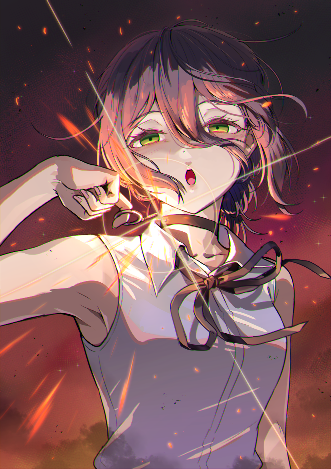 kamille (vcx68), reze (chainsaw man), chainsaw man, commentary request, highres, partial commentary, redrawn, 1girl, armpits, black choker, black hair, black ribbon, breasts, choker, collarbone, diffraction spikes, dress, fingernails, floating hair, green eyes, grenade pin, hair between eyes, looking at viewer, medium breasts, neck ribbon, outdoors, ribbon, shirt, short hair, sleeveless, sleeveless dress, solo, upper body, white shirt